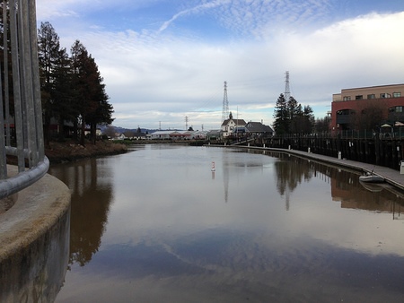 Downtown Petaluma as seen from the Balshaw Bridge