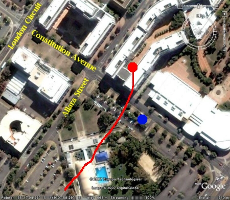 Map of Dawn Drifters balloon escaping from precarious position near Airservices Australia building, Canberra, January 28 2007