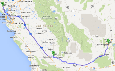 Map of my travel plan from Petaluma to Las Vegas