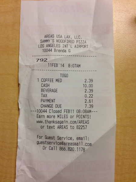 Receipt for coffee from Sammy's Woodfired Pizza at LAX