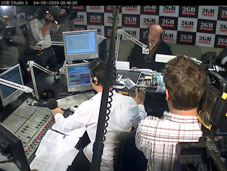 Alan Jones in the 2GB Studio with a lot of cameras