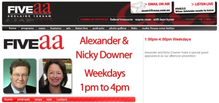 Screenshot of the Alexander and Nicky Downer Show page on the FIVEaa website
