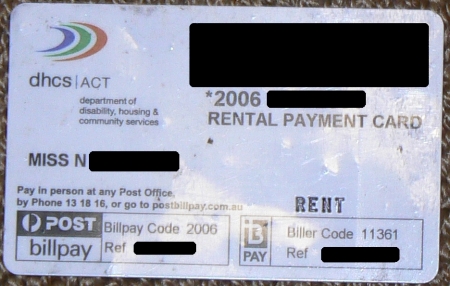 Lost ACT Housing Rent Payment Card