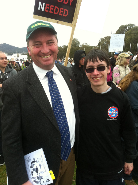 Samuel With Senator BarnabyJoyce at the Convoy Of No Confidence, August 22, 2011