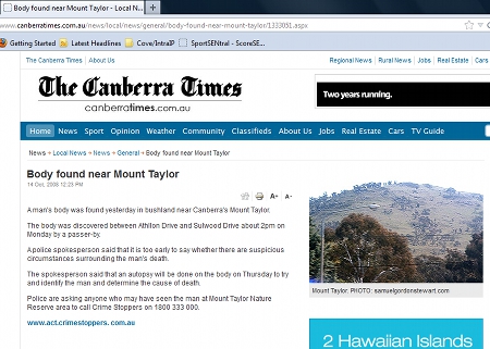 Screenshot of the article on the Canberra Times website