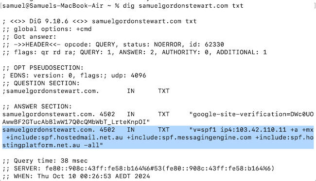 SPF record displayed by dig