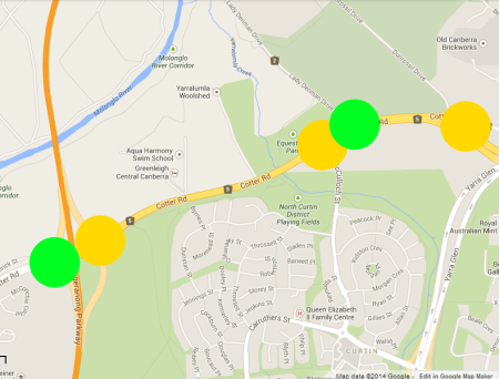 Map of the odd traffic light behaviour along Cotter Road.