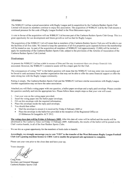 Letter from the Canberra Raiders Leagues Club - Page Two