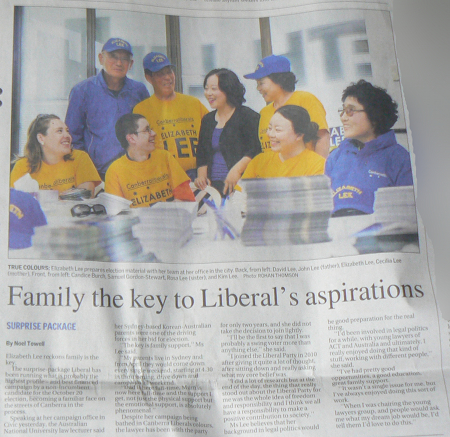 Article about Elizabeth Lee on page two of The Canberra Times, October 8, 2012