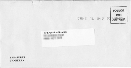 Envelope containing the letter from David Gazard, senior advisor to Peter Costello
